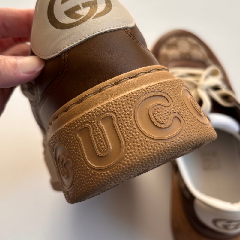 ::GUCCI:: 焦糖色皮革 GG緹花 綁帶休閒鞋 板鞋 餅乾鞋 8.5號-6