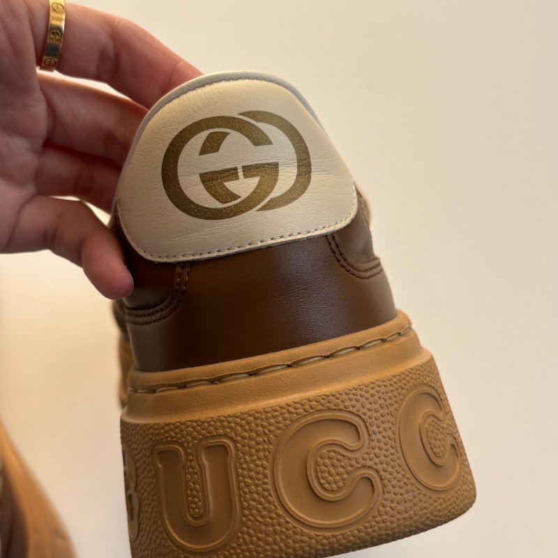 ::GUCCI:: 焦糖色皮革 GG緹花 綁帶休閒鞋 板鞋 餅乾鞋 8.5號-7