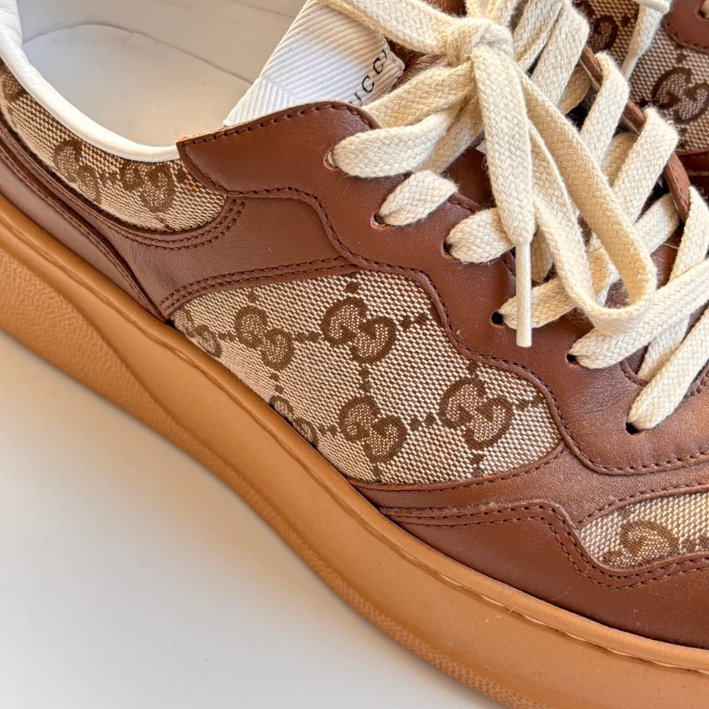 ::GUCCI:: 焦糖色皮革 GG緹花 綁帶休閒鞋 板鞋 餅乾鞋 8.5號-9