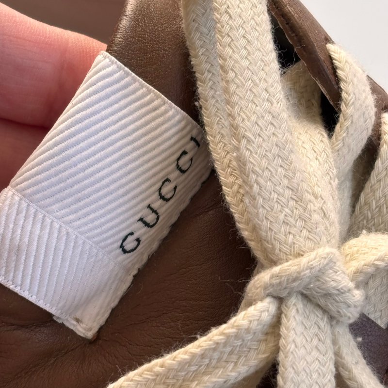 ::GUCCI:: 焦糖色皮革 GG緹花 綁帶休閒鞋 板鞋 餅乾鞋 8.5號-14