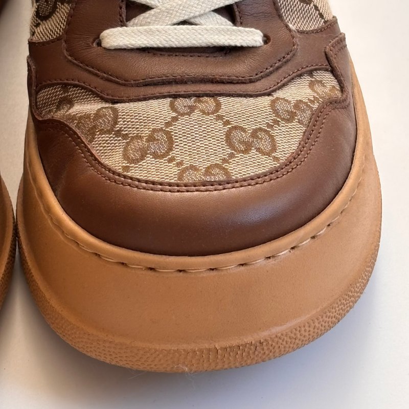 ::GUCCI:: 焦糖色皮革 GG緹花 綁帶休閒鞋 板鞋 餅乾鞋 8.5號-17