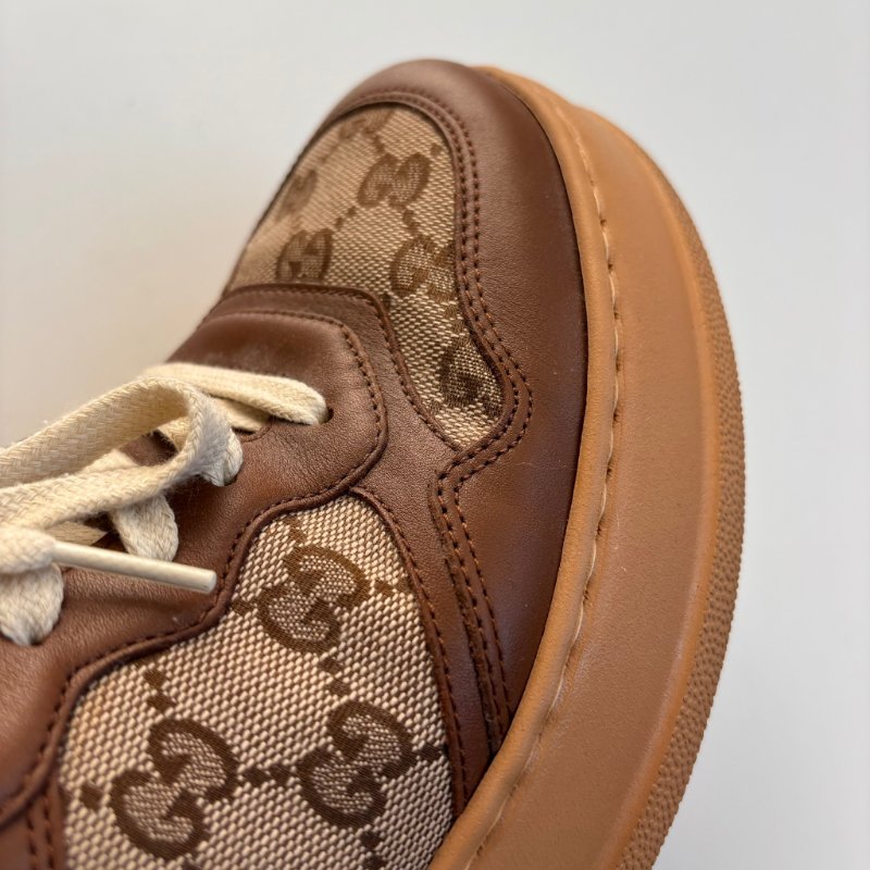 ::GUCCI:: 焦糖色皮革 GG緹花 綁帶休閒鞋 板鞋 餅乾鞋 8.5號-23