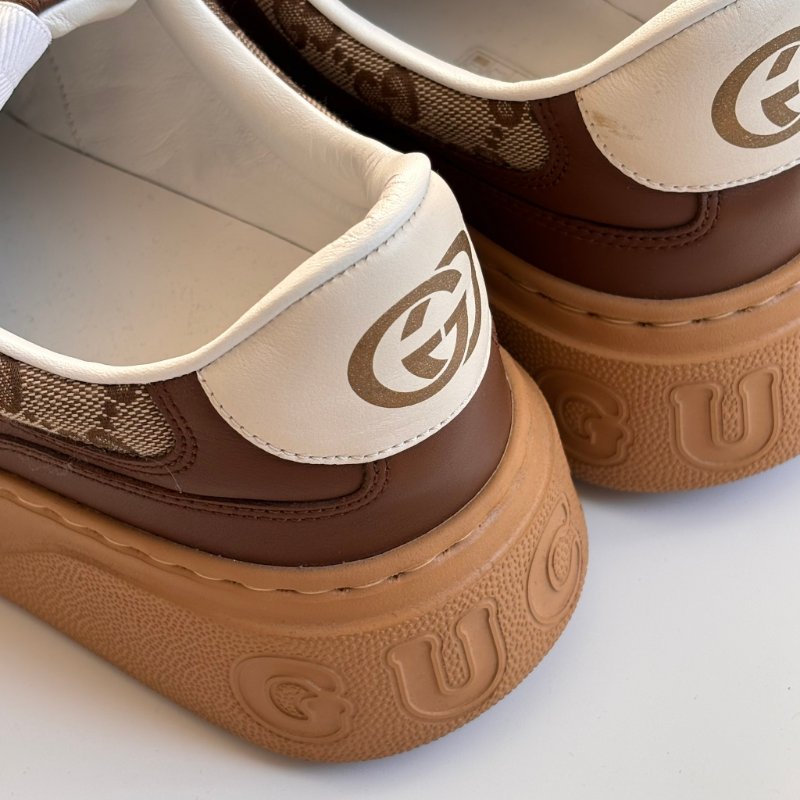 ::GUCCI:: 焦糖色皮革 GG緹花 綁帶休閒鞋 板鞋 餅乾鞋 8.5號-25