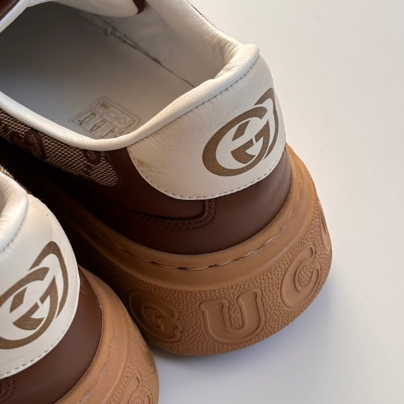 ::GUCCI:: 焦糖色皮革 GG緹花 綁帶休閒鞋 板鞋 餅乾鞋 8.5號-26