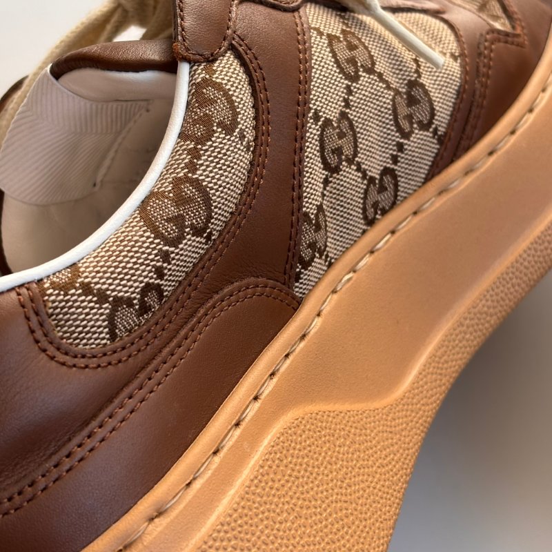 ::GUCCI:: 焦糖色皮革 GG緹花 綁帶休閒鞋 板鞋 餅乾鞋 8.5號-28