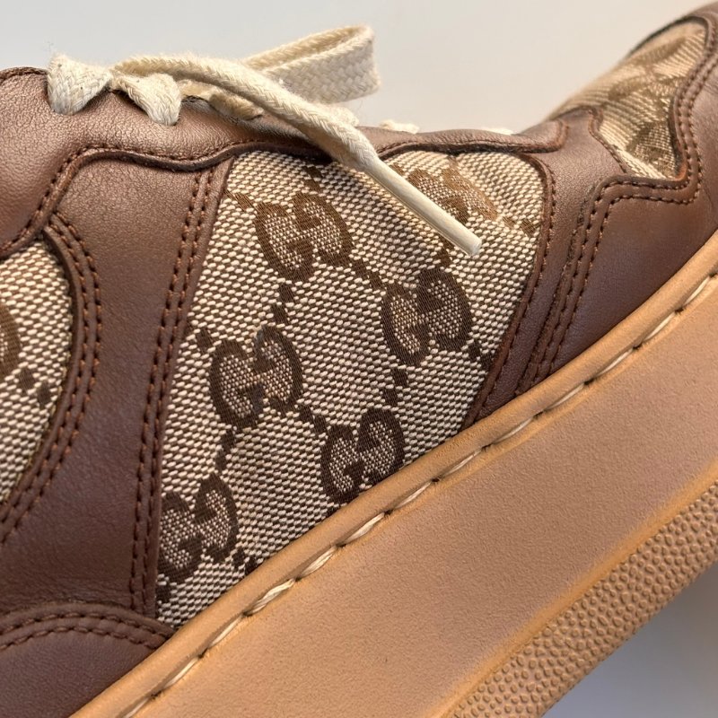 ::GUCCI:: 焦糖色皮革 GG緹花 綁帶休閒鞋 板鞋 餅乾鞋 8.5號-29