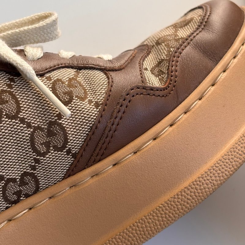 ::GUCCI:: 焦糖色皮革 GG緹花 綁帶休閒鞋 板鞋 餅乾鞋 8.5號-30