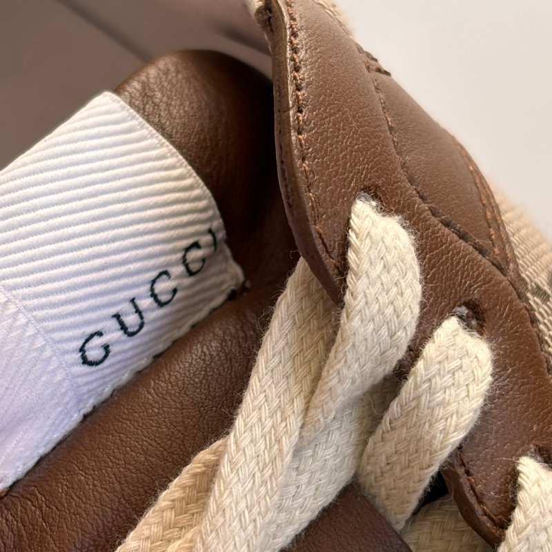 ::GUCCI:: 焦糖色皮革 GG緹花 綁帶休閒鞋 板鞋 餅乾鞋 8.5號-32
