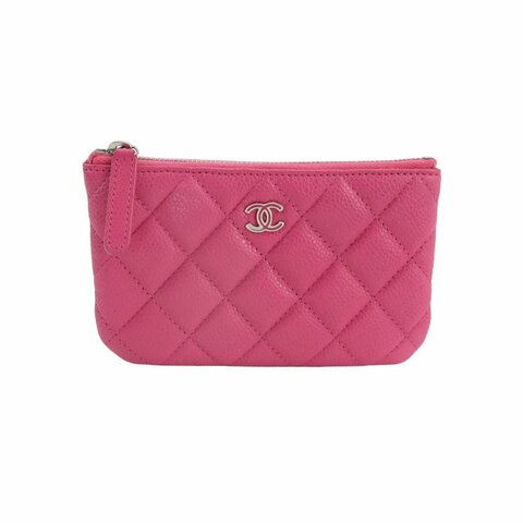 Chanel牛皮纯色菱格绗缝双CLogo拉链钱包