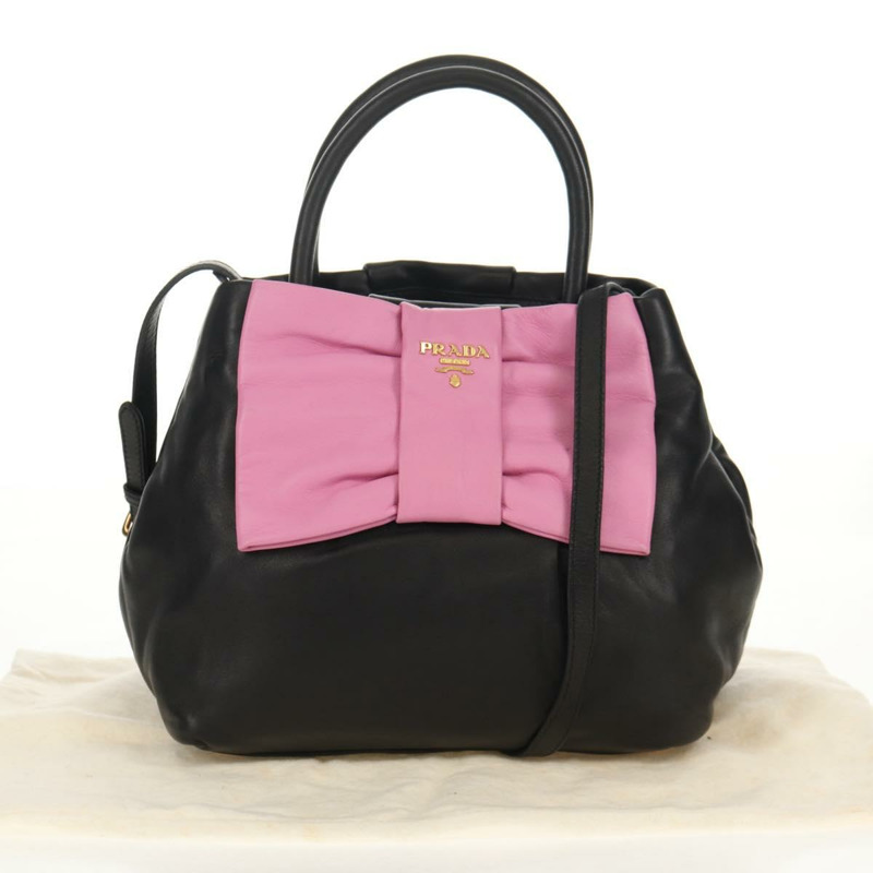 【日本直送】PRADA Ribbon 手提包 皮革 2way 黑色 金色 Auth 155326V-11