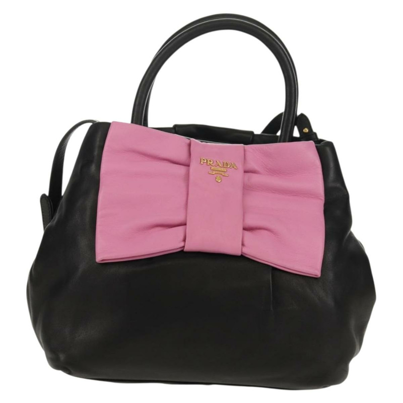 【日本直送】PRADA Ribbon 手提包 皮革 2way 黑色 金色 Auth 155326V-12
