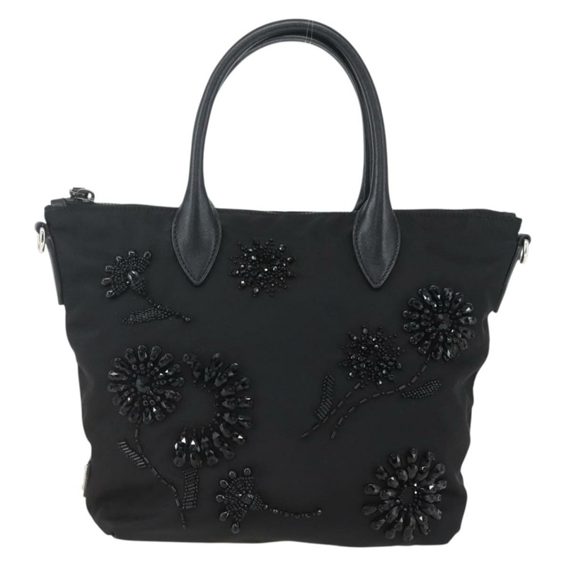 【日本直送】PRADA 串珠手提包 尼龍 黑色 銀色 正品 am10030V-12