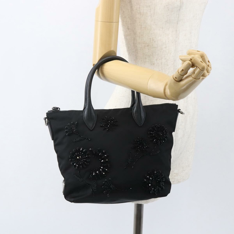 【日本直送】PRADA 串珠手提包 尼龍 黑色 銀色 正品 am10030V-24