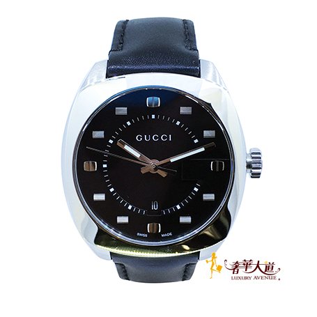 ＊奢華大道國際精品＊【W0523】GUCCI黑面不銹鋼41MM皮帶石英腕錶 YA142307-0