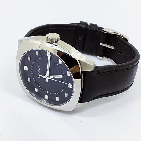 ＊奢華大道國際精品＊【W0523】GUCCI黑面不銹鋼41MM皮帶石英腕錶 YA142307-1