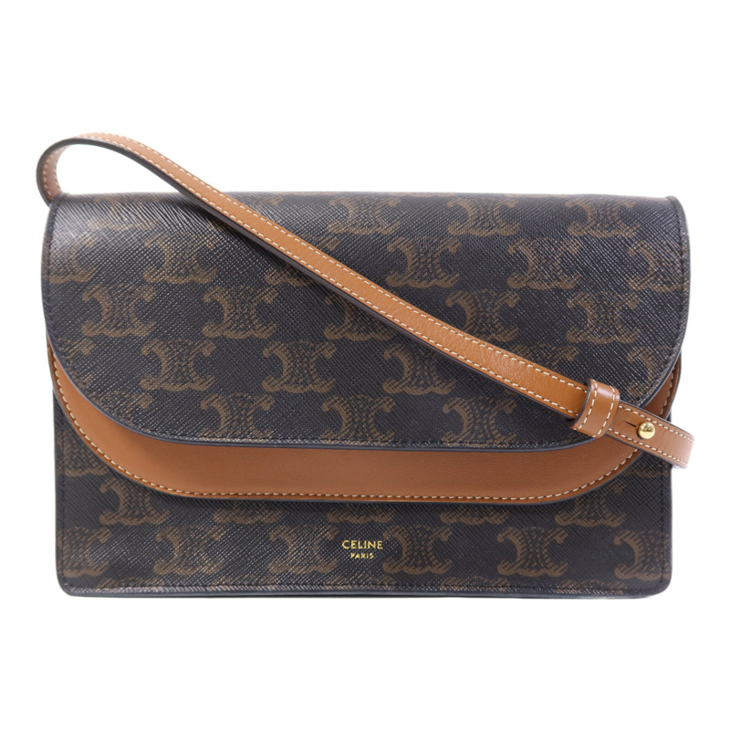 CELINE 塗層帆布Triomphe Wallet On Strap金扣肩背袋-0