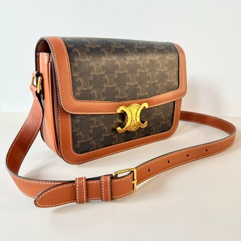 CELINE TRIOMPHE PVC 防水 斜背包 老花 焦糖 多格層 凱旋門 22cm