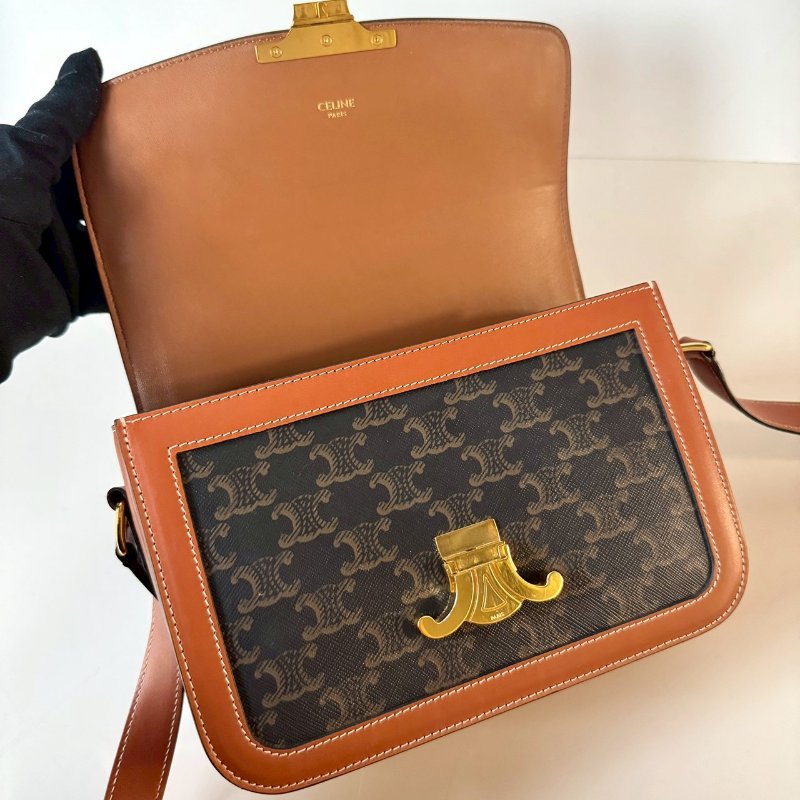 CELINE TRIOMPHE PVC 防水 斜背包 老花 焦糖 多格層 凱旋門 22cm-5