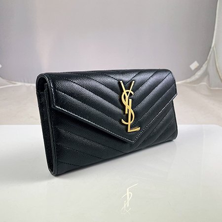 ＊奢華大道國際精品＊【Y097】YSL黑色V字縫線魚子醬牛皮金色LOGO釦式長夾 372264-1