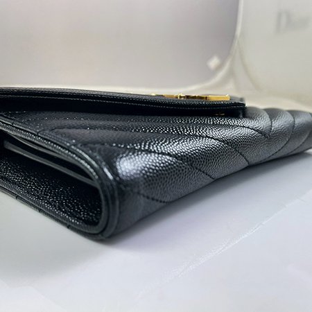 ＊奢華大道國際精品＊【Y097】YSL黑色V字縫線魚子醬牛皮金色LOGO釦式長夾 372264-3