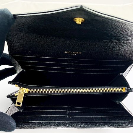 ＊奢華大道國際精品＊【Y097】YSL黑色V字縫線魚子醬牛皮金色LOGO釦式長夾 372264-5