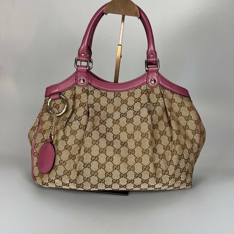 GUCCI 211944  粉邊GG帆布肩背包