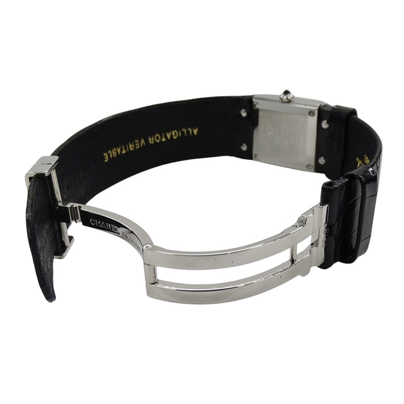 香奈兒女士絎縫石英腕錶，QZ系列，不鏽鋼錶殼，皮革錶帶，銀色錶盤，黑色錶帶，方形錶盤，H0116-3