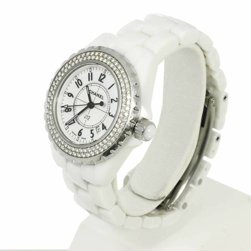 香奈兒 J12 33毫米 H0967 女士鑲鑽錶圈日期顯示白色陶瓷石英腕錶-1