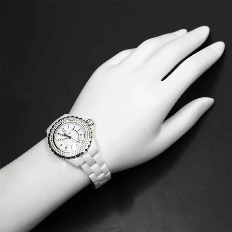 香奈兒 J12 33毫米 H0967 女士鑲鑽錶圈日期顯示白色陶瓷石英腕錶-2