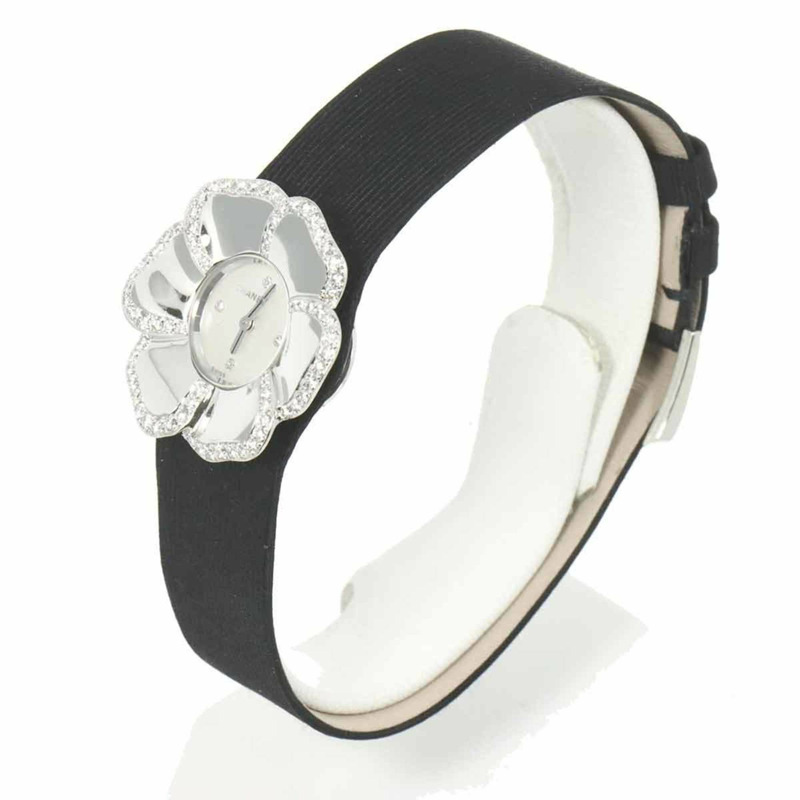 香奈兒山茶花H1187女士鑽石錶圈腕錶，鑲嵌4顆鑽石，白色錶殼，18K金石英機芯-3