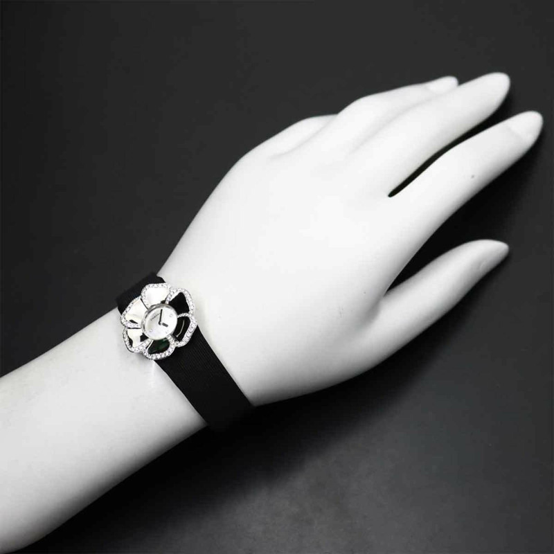 香奈兒山茶花H1187女士鑽石錶圈腕錶，鑲嵌4顆鑽石，白色錶殼，18K金石英機芯-4