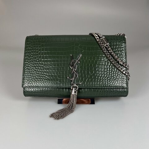 YSL 深綠鱷魚紋流蘇銀扣KATE包中號