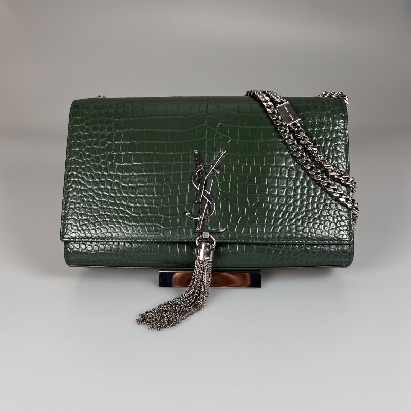 YSL 深綠鱷魚紋流蘇銀扣KATE包中號-0