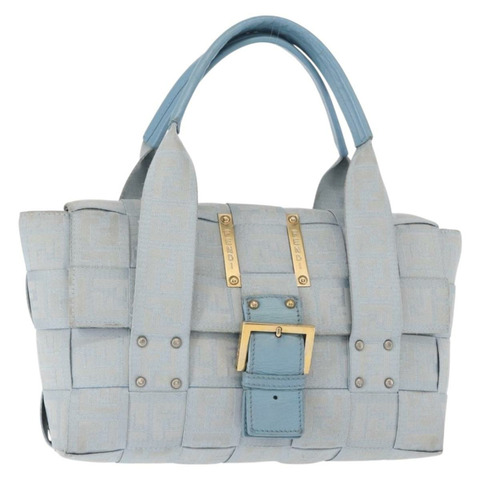 FENDI Zucca帆布手提包 淺藍色 金色 正品 151194V