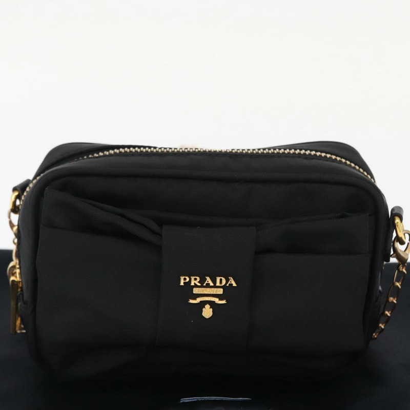 【日本直送】PRADA 尼龍黑色金色鏈條單肩包 Auth 151199V-11