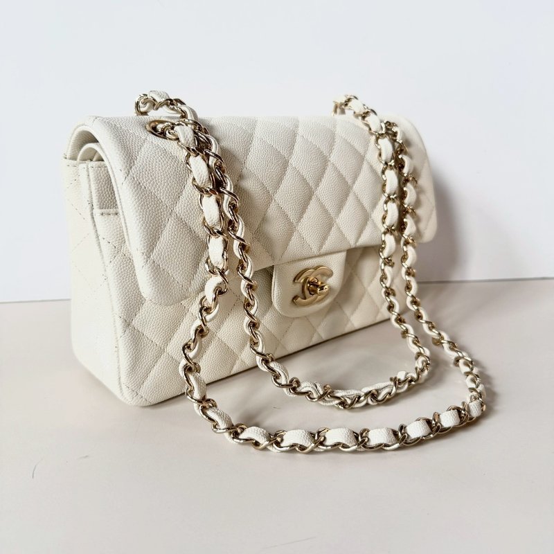 CHANEL 經典 白色 荔枝 牛皮 香檳金鏈 CF coco 23 cm A01113 芯片款-0