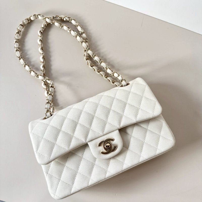 CHANEL 經典 白色 荔枝 牛皮 香檳金鏈 CF coco 23 cm A01113 芯片款-1