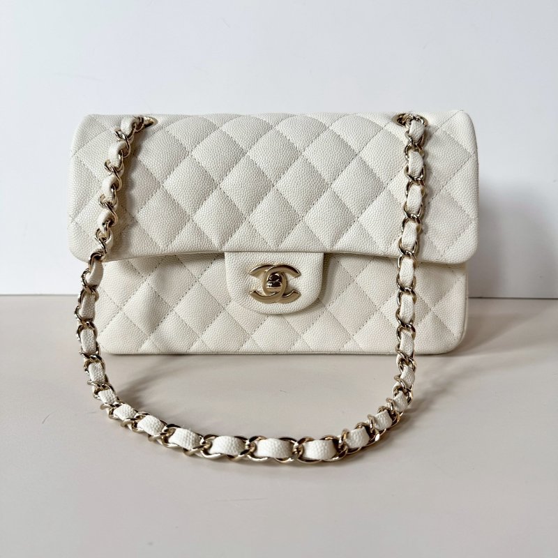 CHANEL 經典 白色 荔枝 牛皮 香檳金鏈 CF coco 23 cm A01113 芯片款-2