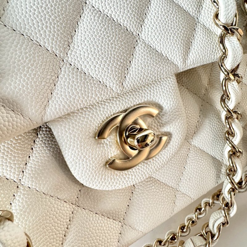 CHANEL 經典 白色 荔枝 牛皮 香檳金鏈 CF coco 23 cm A01113 芯片款-4