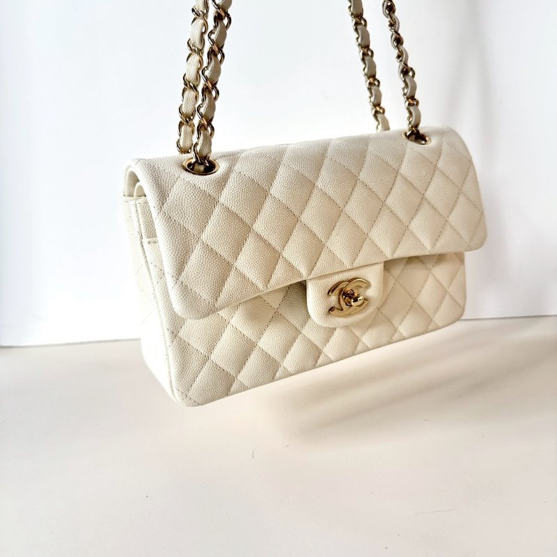 CHANEL 經典 白色 荔枝 牛皮 香檳金鏈 CF coco 23 cm A01113 芯片款-5