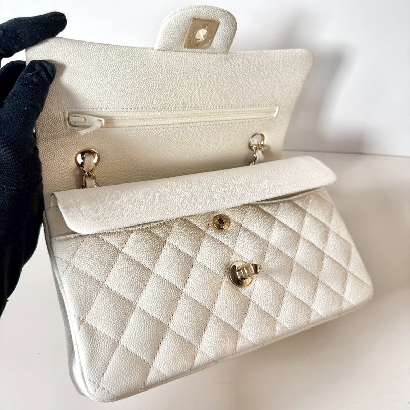CHANEL 經典 白色 荔枝 牛皮 香檳金鏈 CF coco 23 cm A01113 芯片款-6