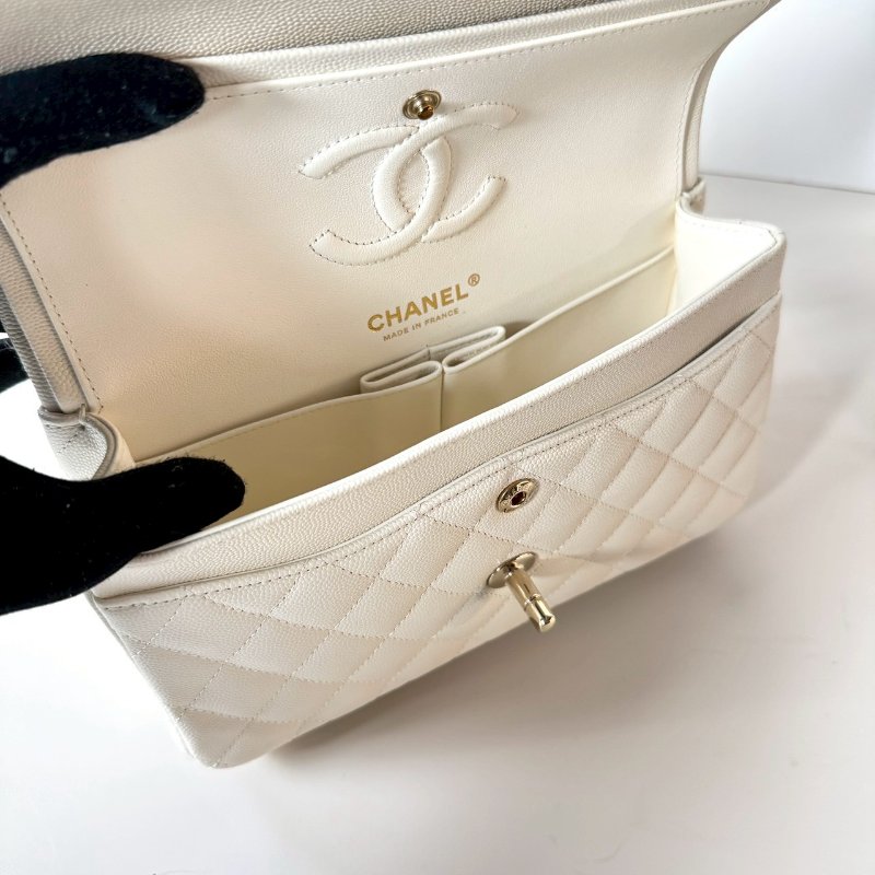 CHANEL 經典 白色 荔枝 牛皮 香檳金鏈 CF coco 23 cm A01113 芯片款-7