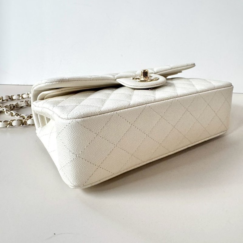 CHANEL 經典 白色 荔枝 牛皮 香檳金鏈 CF coco 23 cm A01113 芯片款-8