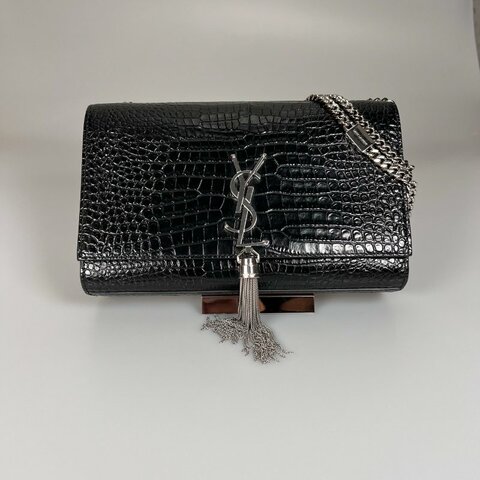 YSL 黑鱷魚紋流蘇銀扣KATE包中號