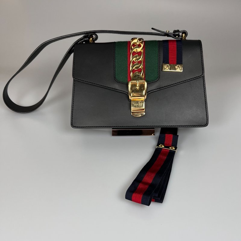 GUCCI 421882  黑塞爾維亞緞帶單肩包中號-0