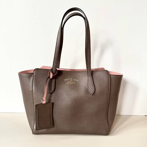 GUCCI SWING系列 深灰 拚 粉紅 撞色 牛皮 磁吸 雙肩 托特包 354408