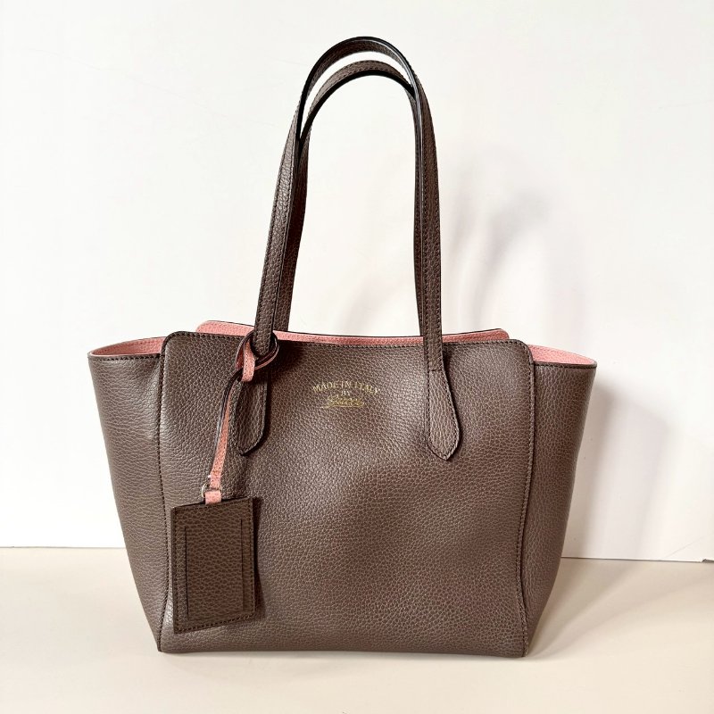 GUCCI SWING系列 深灰 拚 粉紅 撞色 牛皮 磁吸 雙肩 托特包 354408-0