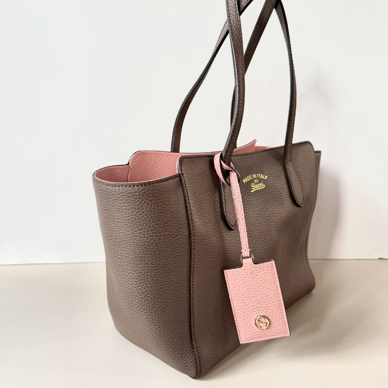 GUCCI SWING系列 深灰 拚 粉紅 撞色 牛皮 磁吸 雙肩 托特包 354408-2