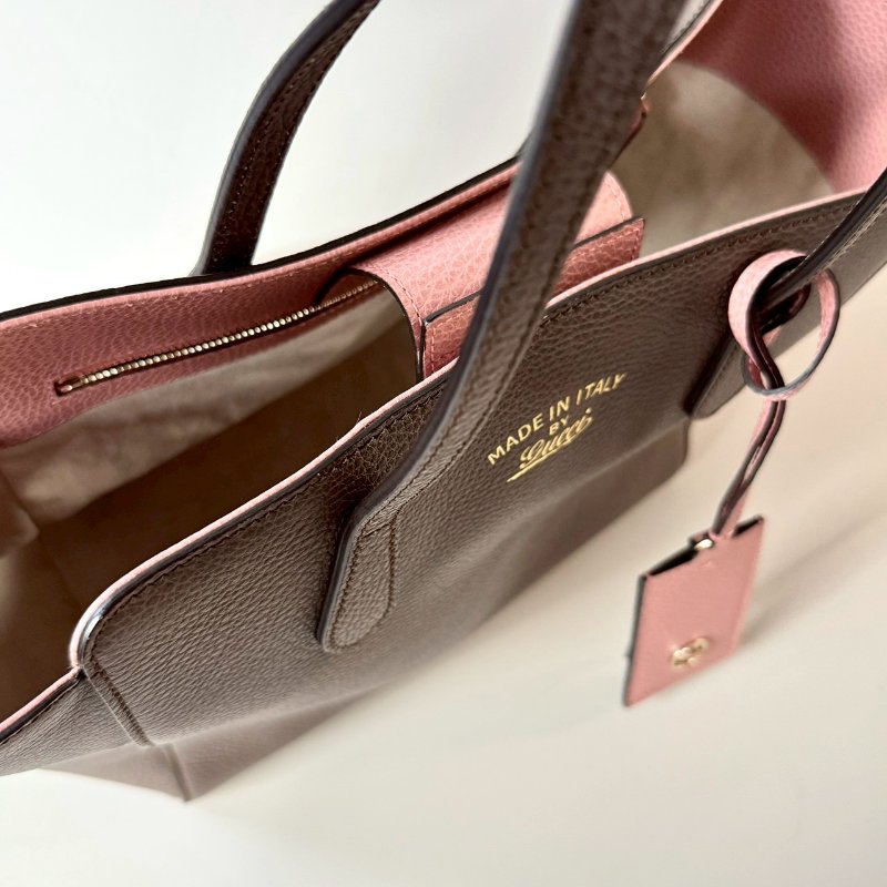 GUCCI SWING系列 深灰 拚 粉紅 撞色 牛皮 磁吸 雙肩 托特包 354408-3