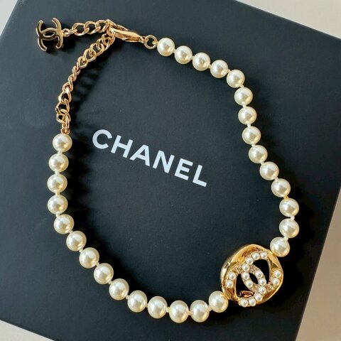 CHANEL 不規則簍空金色方塊 雙C 珍珠 可調節 項鍊 頸鍊